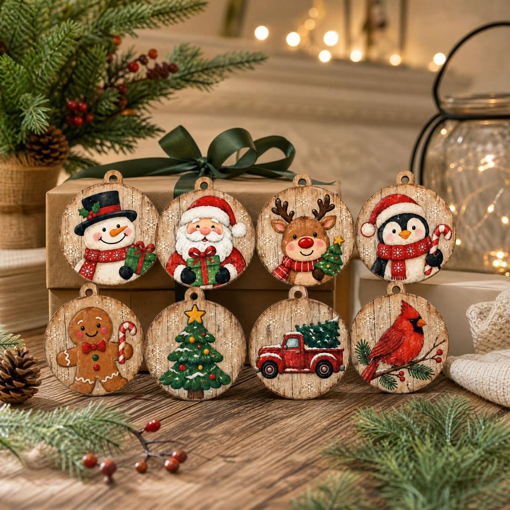 2D Wooden Christmas Decorative Hanging Ornaments, 10-Piece Set, 2, Holiday Tree Decor