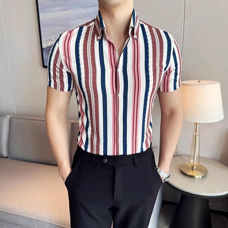 Summer Striped Shirts Men Short Sleeve Slim Fit Casual Shirt Fashion Social Streetwear