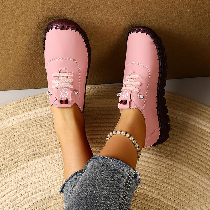 Chaussures à semelles souples, chaussures décontractées à lacets cousues à la main pour femmes, grande taille