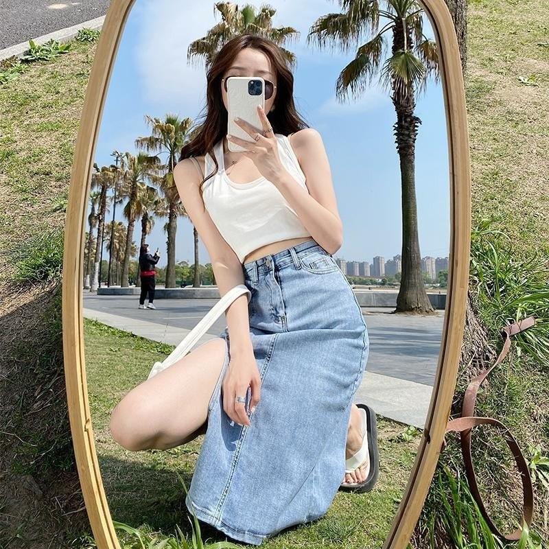 Cotton Blend Asymmetric High Waist Pencil Skirt For Women Spring Summer Office Work