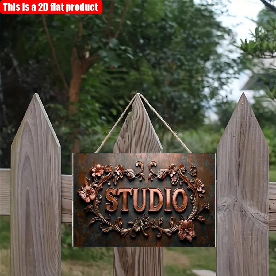 2D Flat 30*20cm "STUDIO" Vintage Style Wooden Decorative Sign, Exquisite Flower Patterns Wooden Wall Hanging Plaque, Suitable Film Studio, Recording