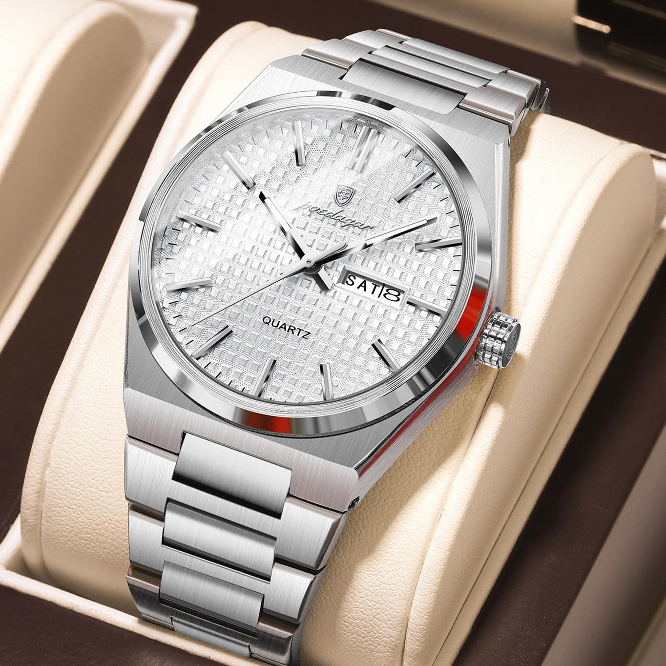 

POEDAGAR Luxury Men Watch Date Week Waterproof Luminous Stainless Steel Watch for Man Casual Quartz Watches Male Sport+Box срібний/білий
