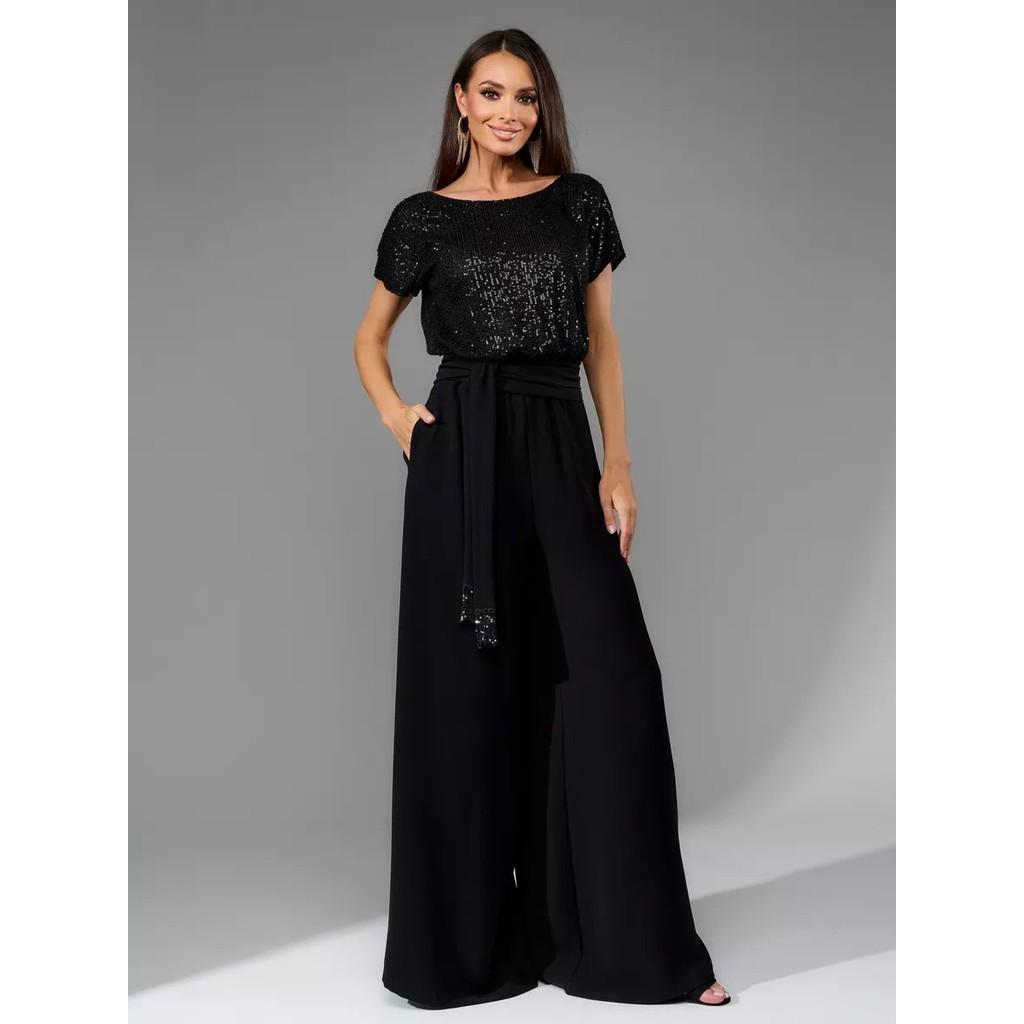 Женщины Свадебные невесты подружки невесты Элегантные вечерние пайетки Короткие рукава Длинный комбинезон комбинезон S чёрный