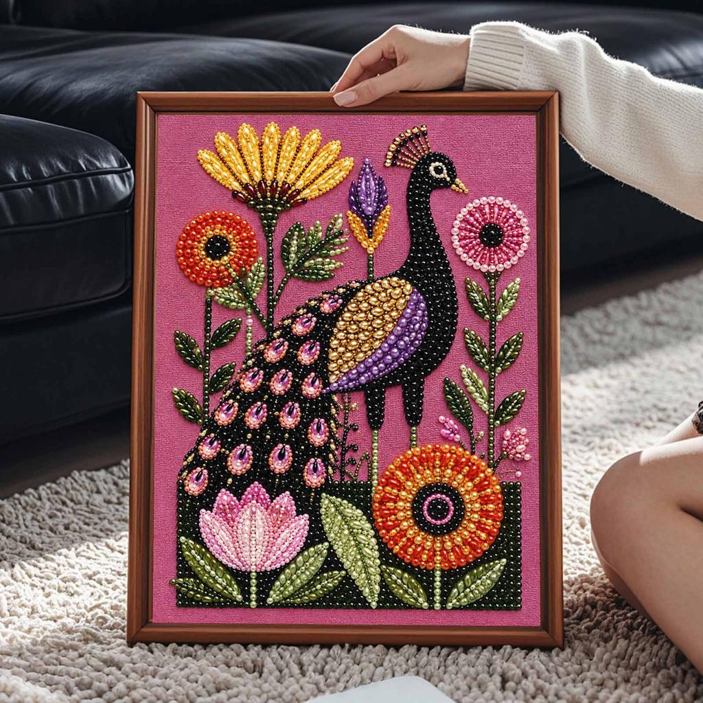 Peacock Flower Pearl Painting Kit with Frame Sparkling Bead Canvas Romantic Handmade Wall Decor Gift for Women