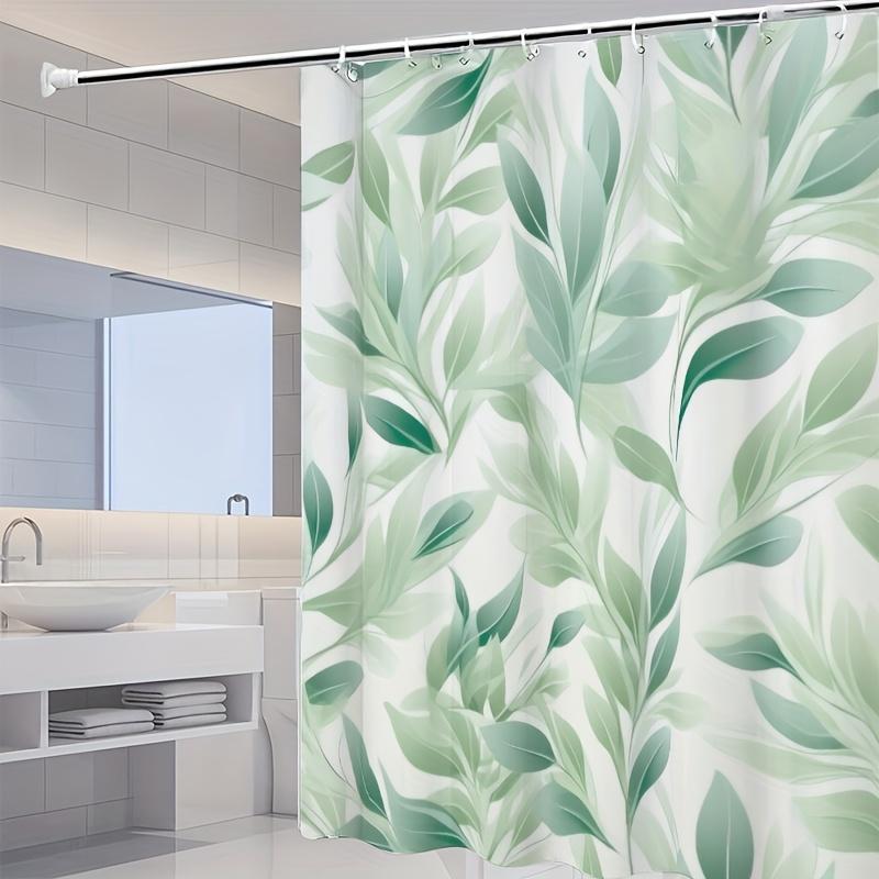 Green leaf pattern shower curtain set, no drilling required, easy to clean, separates wet and dry areas in the bathroom