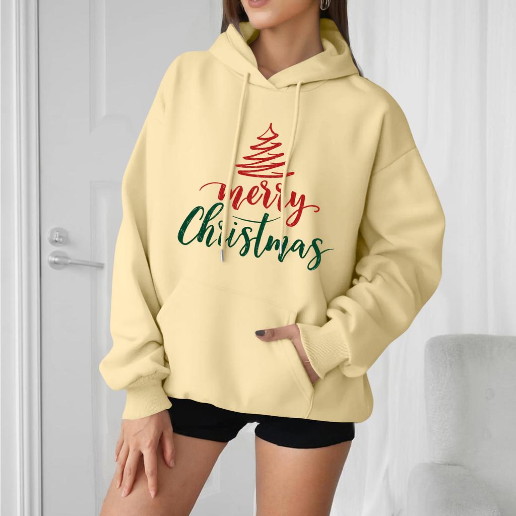 Women's Fashion Casual Long Sleeve Loose Christmas Print Hooded Sweatshirt