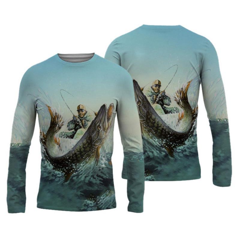 Sommer Herren Angelshirts 3D Pinting Angelbekleidung Atmungsaktives T-Shirt Langarm Outdoor Sport Rundhals Angelshirt 6XL