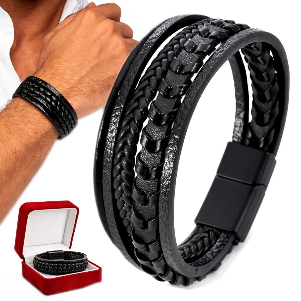 Men' Black Braided Magnetic Leather Bracelet for a Gift, Titanium