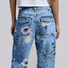 Women's & Versatile High-Waisted Denim Trousers With Floral Print