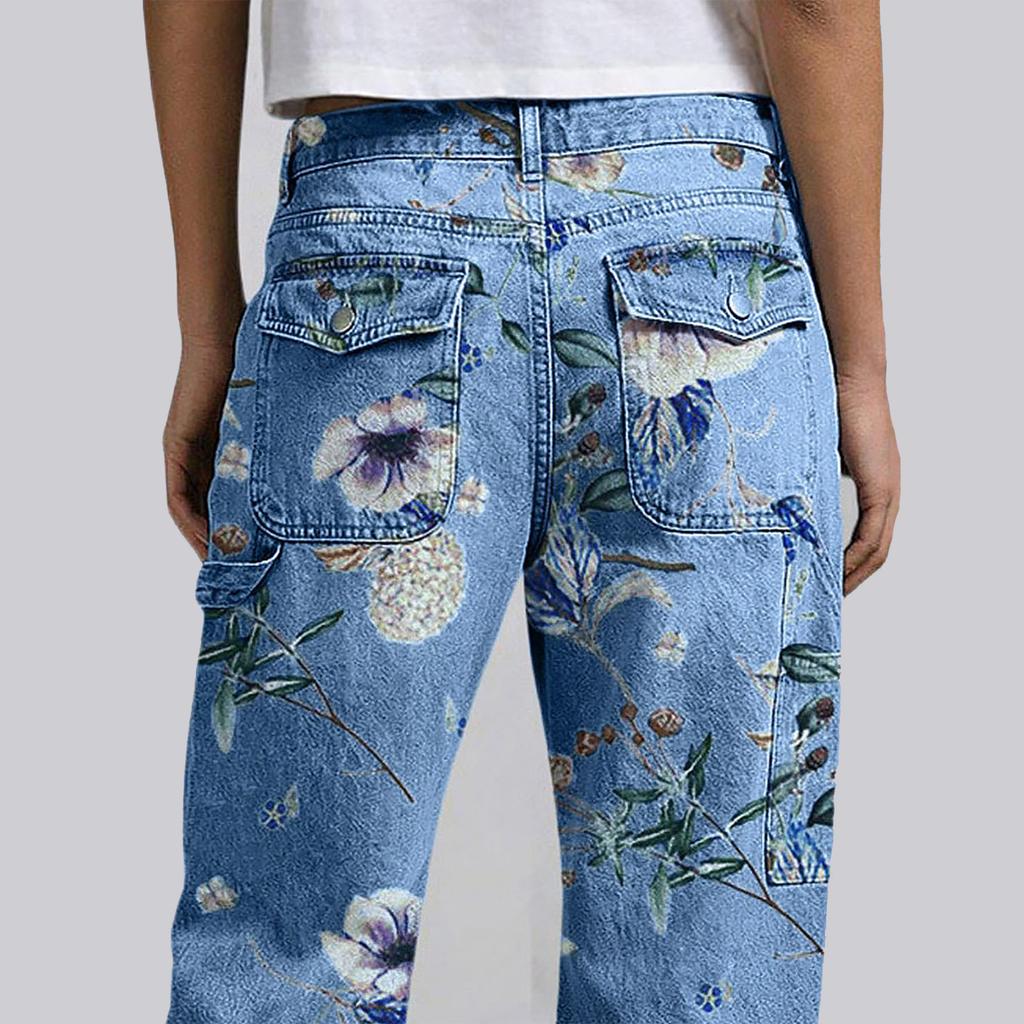Women's & Versatile High-Waisted Denim Trousers With Floral Print