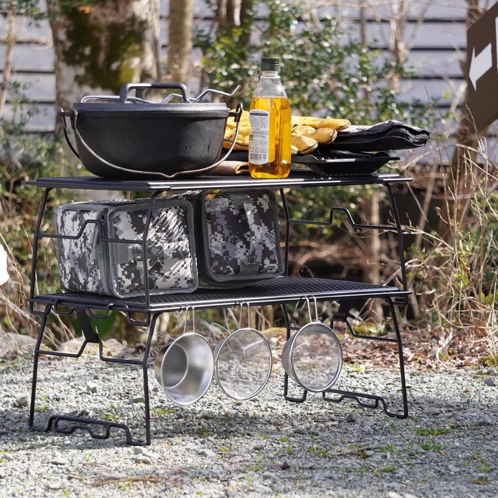 CAMPING MOON Estante apilable de malla para mesa plegable de metal expandido, color negro, Black Gear de 2 piezas (Conjunto T-238-BK)