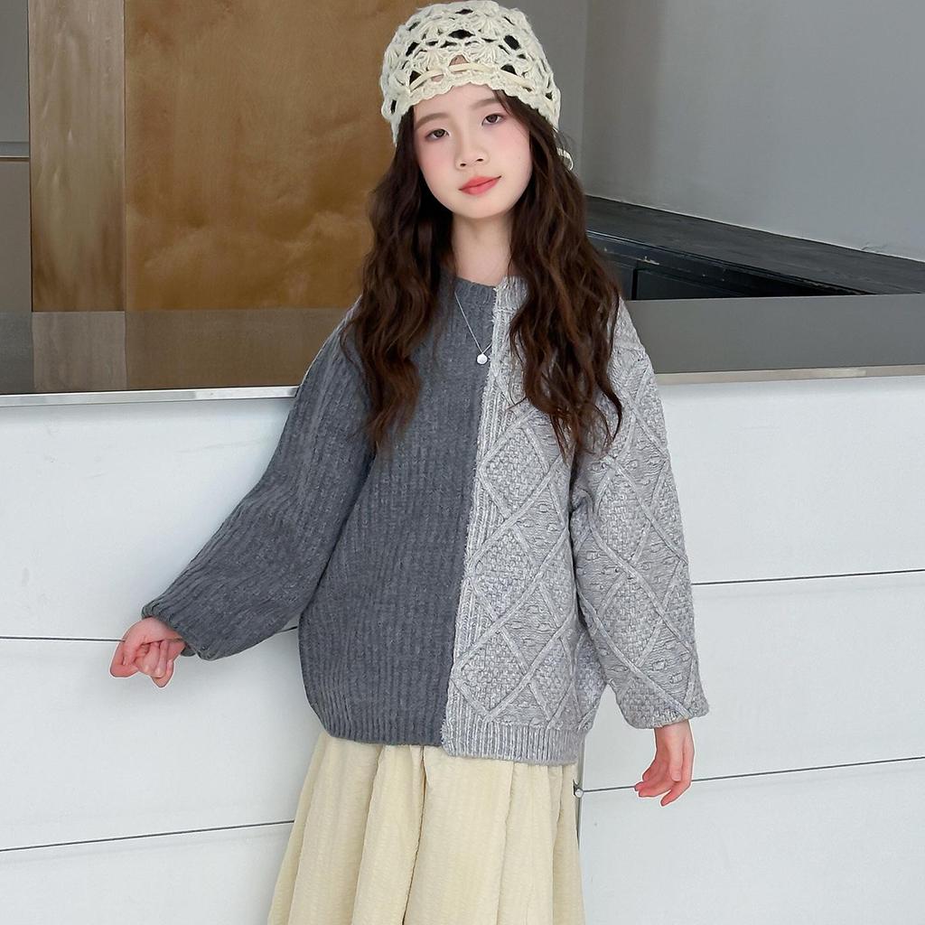 Herbst Winter 2025 Color Block Strickpullover für Mädchen - Trendiges Lazy-Style Oberteil