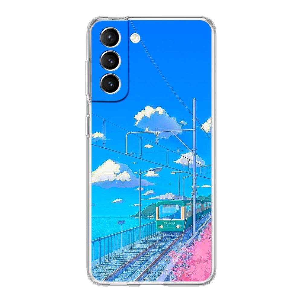 Cherry Japanese Traint Moun Fuji Clear Phone Case For Samsung Galaxy S23 S22 5G S20 Ultra S21 FE 5G S10E S9 S8 S10 Plus Cover