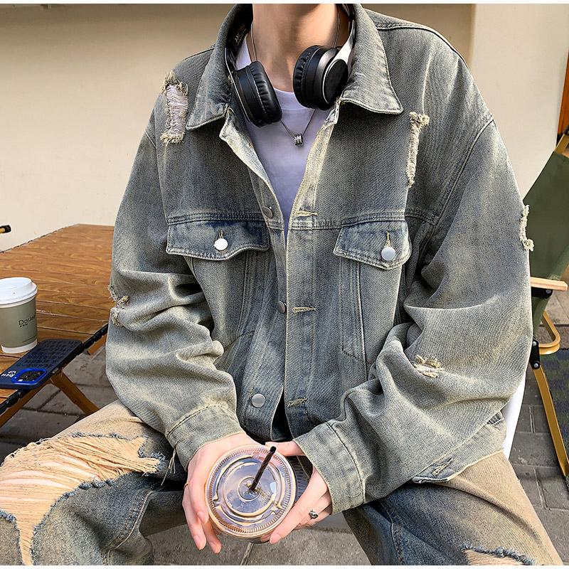 

Стираная джинсовая куртка мужская повседневная весна-осень высокого класса стиль дырокол верхняя одежда пальто мужская модель свободный крой 3XL джинсовый синий