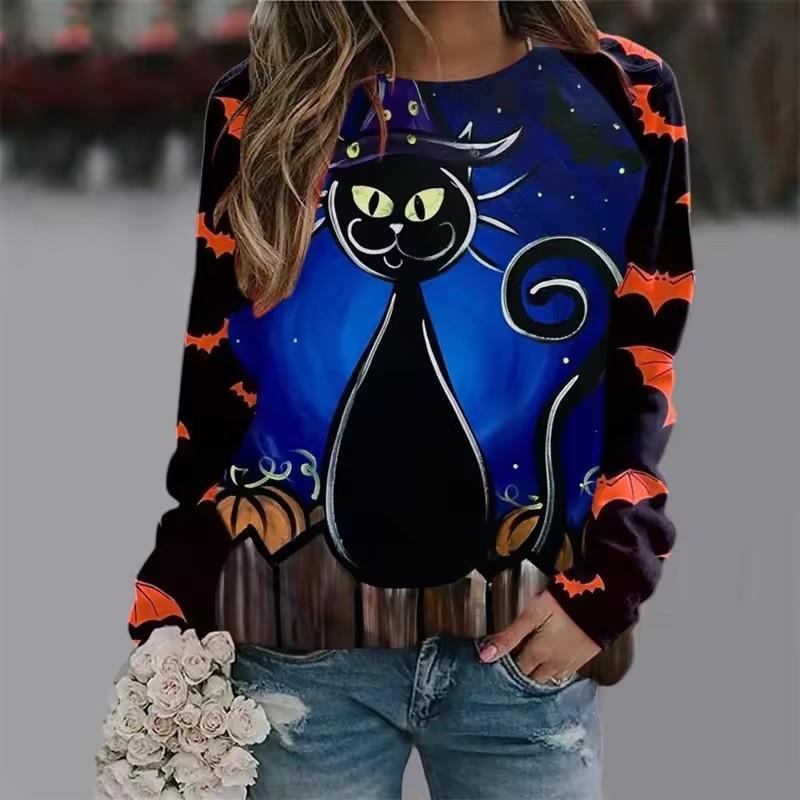 Women's T-shirt Casual Long Sleeve Tops Animal Cat Graphic Tees Shirt Blouse O-neck Fall Winter Streetwear Style Pullover