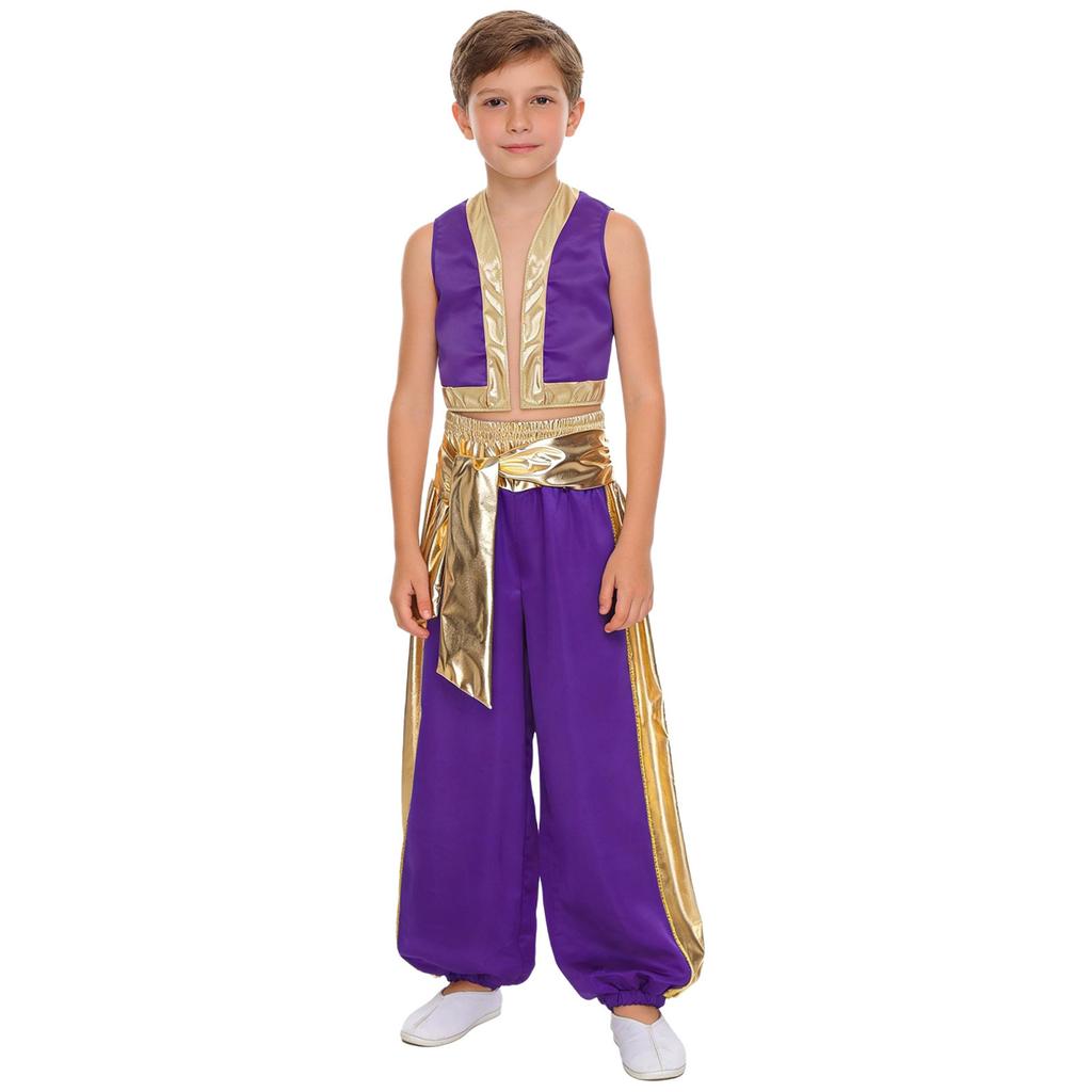 Boys Arab Prince Cosplay Costume 2Pcs: Loose Vest & Metallic Shiny Patchwork Bloomers Harem Pants Outfit for Halloween Party