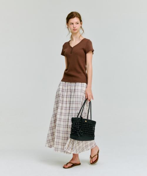 DEPOUND Eyelet V-Neck Cap Sleeve T-Shirt [Brown]