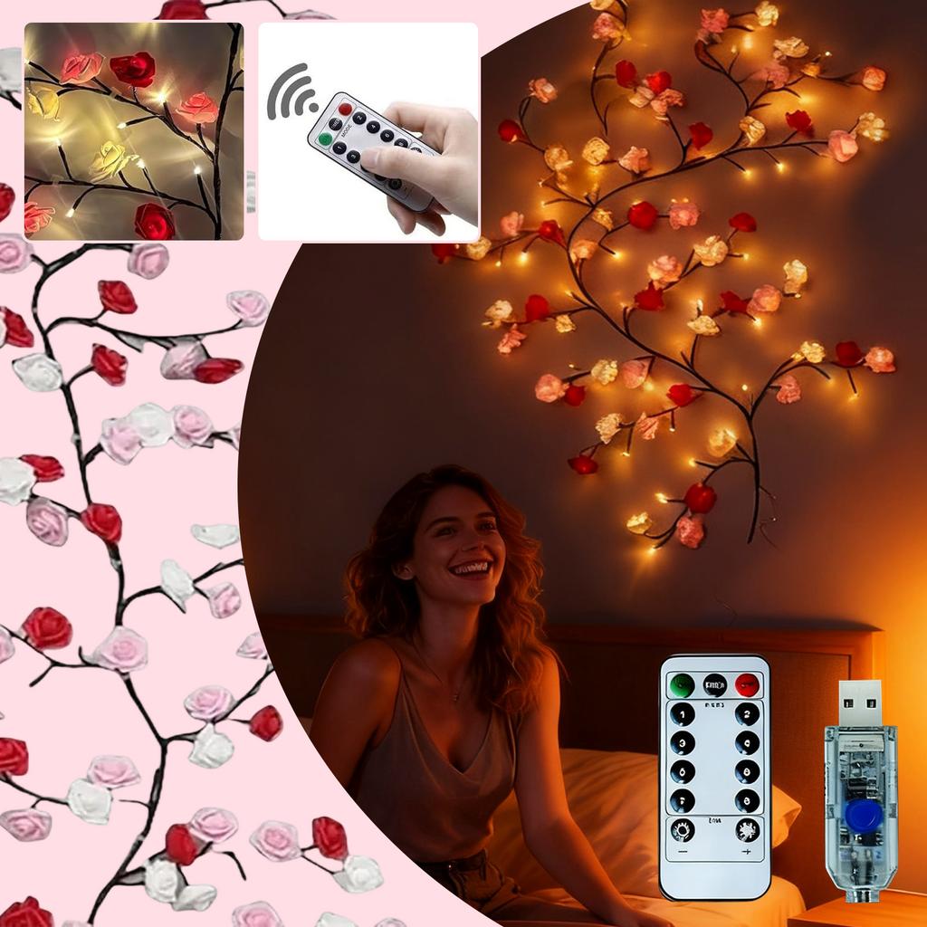Rose LED Zweiglichter für die Wand, Rose Blumengirlande Zweigdeko Girlande mit 144 LED Lichtern und Fernbedienung, 8 Beleuchtungsmodi, Weihnachtsdekorationen Innen