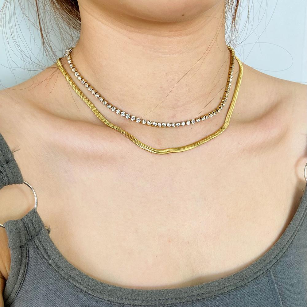 18K Gold European-American Luxury Tennis & Snake Chain Double-Layer Necklace - Stainless Steel, Waterproof, Versatile Clavicle Accessory