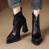 Retro Brown Front Zipper Pointed Waterproof Table Thick Heel High Heel 2025 New Trend Versatile Short Boots Martin Boots
