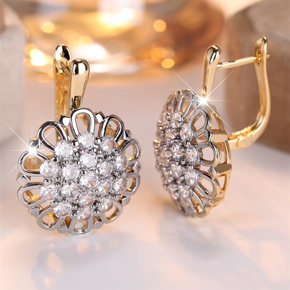 White Zircon Vintage Hollow Flower Hoop Earrings For Women Antique Gold Silver Color Ear Buckle Wedding Jewelry Versatile Gifts