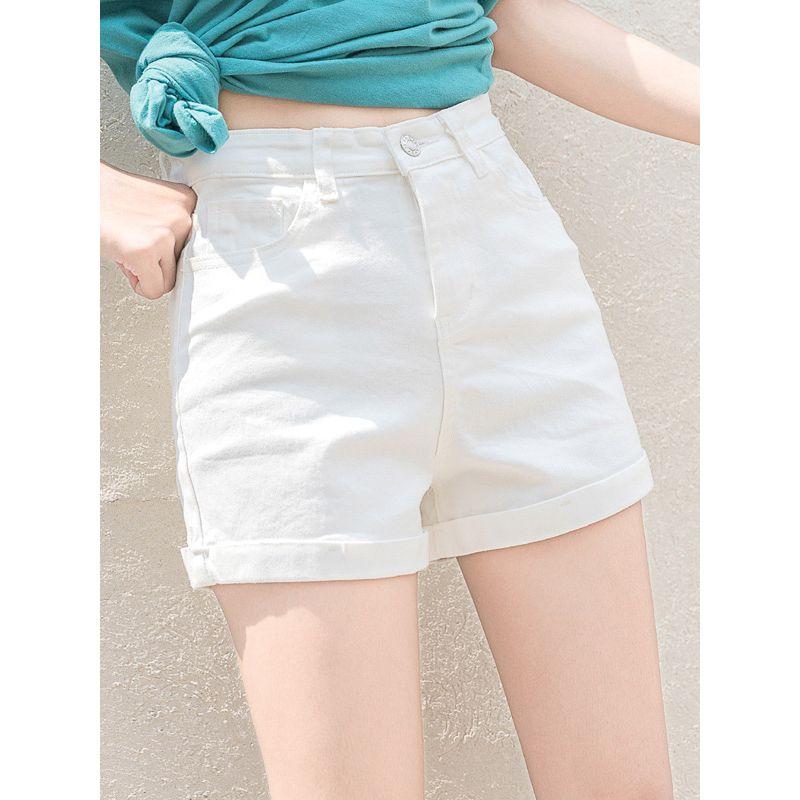 Sweet White Summer New High Waist A Word Slimming Flanging Casual Straight Three-Point Demin Shorts Hot Pants All-Matching