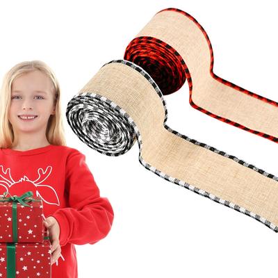 Christmas Wired Ribbon 2 Roll Decorative Plaid Edge Ornaments 2.48inch Merry Christmas Ribbon For Holiday Tree Wreath Garland