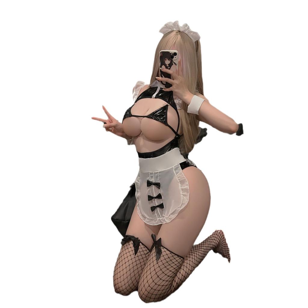 Patent leather sex underwear sexy free small breasts maid open crotch one-piece uniform passion temptation charm suit hair
