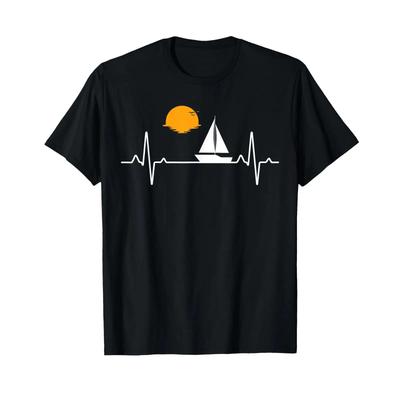 Heartbeat Sailing T Shirt For Sailors With Sailboat Sunset Vintage Top For Everyday Wear Breathable Stretched Homme
