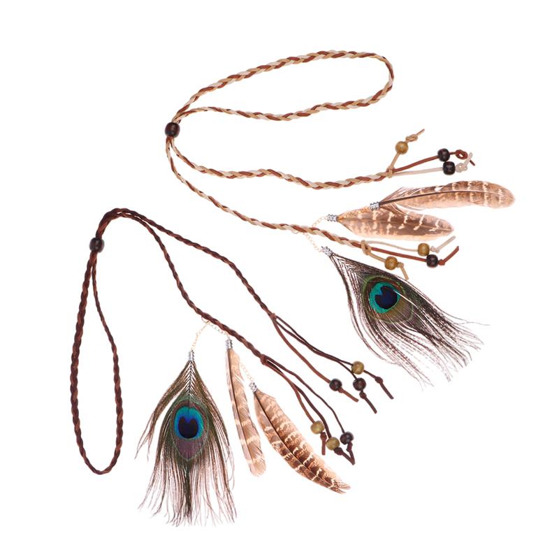 Retro Boho Peacock Feather Braided Rope Headband Hairband Women Headgear Feather Headdress Indian Headwear Hair Accessories Gift