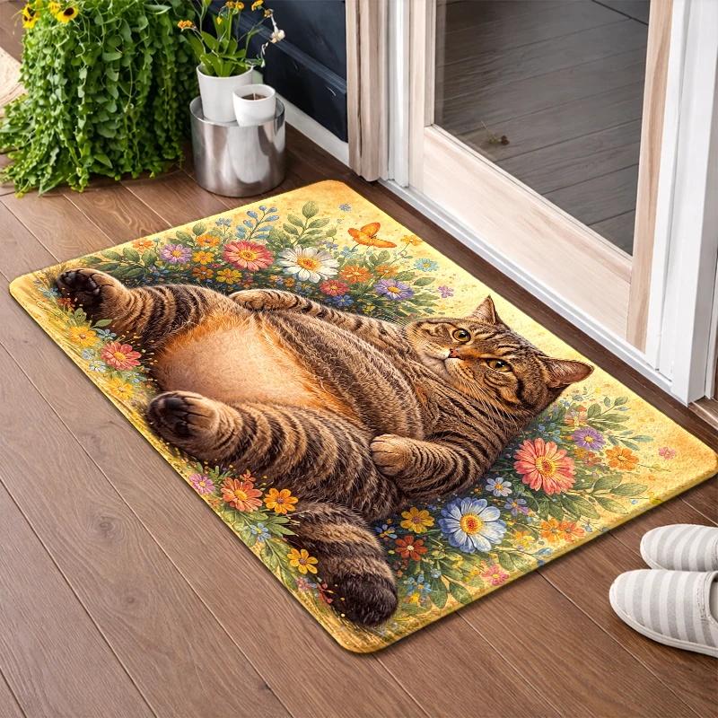 1Pcs Anti Fatigue Kitchen Rugs,  Cute Fat Tabby Print Waterproof Non-Slip Thick Cushioned Kitchen Mat Heavy Duty Comfort Standing Mat for Kitchen