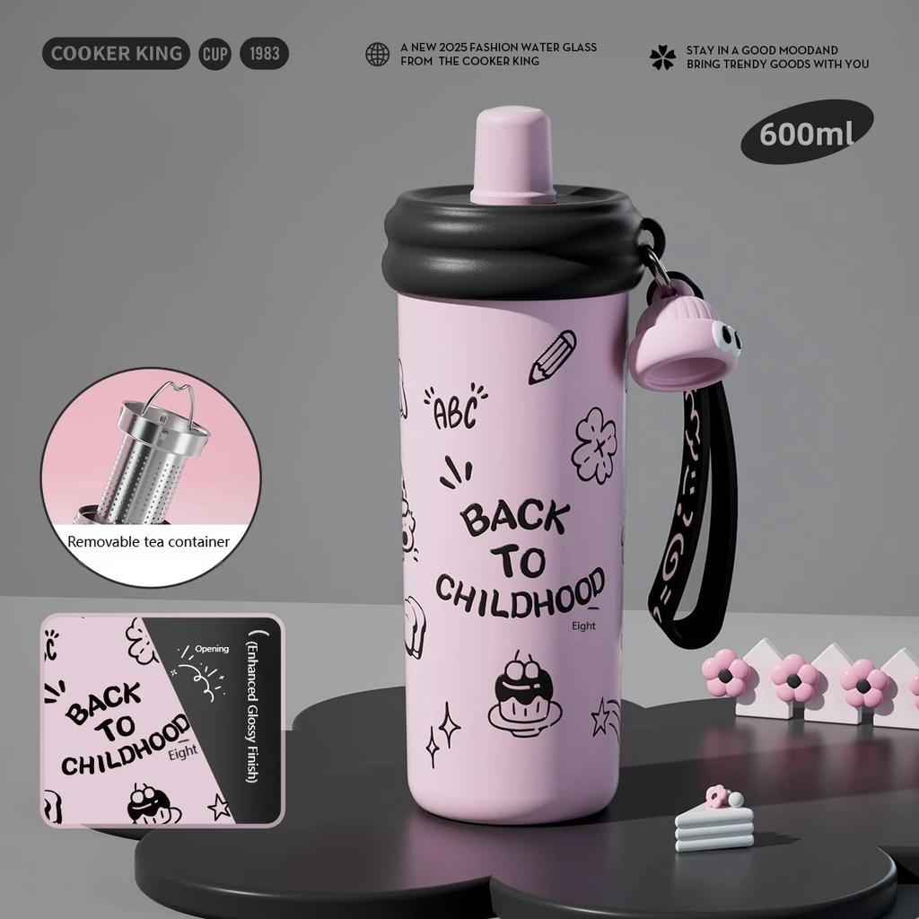 COOKER KING 600ml Insulated Cup with Tea Strainer Straw Thermos Cup Stainless Steel Vacuum Flask Girls Students Hot & Cold Flask