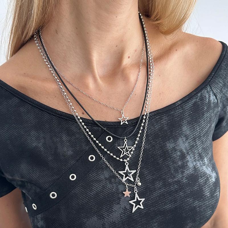Fashion Metal Star Pendant Necklace For Women Punk Hip Hop Silver Color Multi Layered Pentagram Tassel Necklace Y2K Jewelry Gift