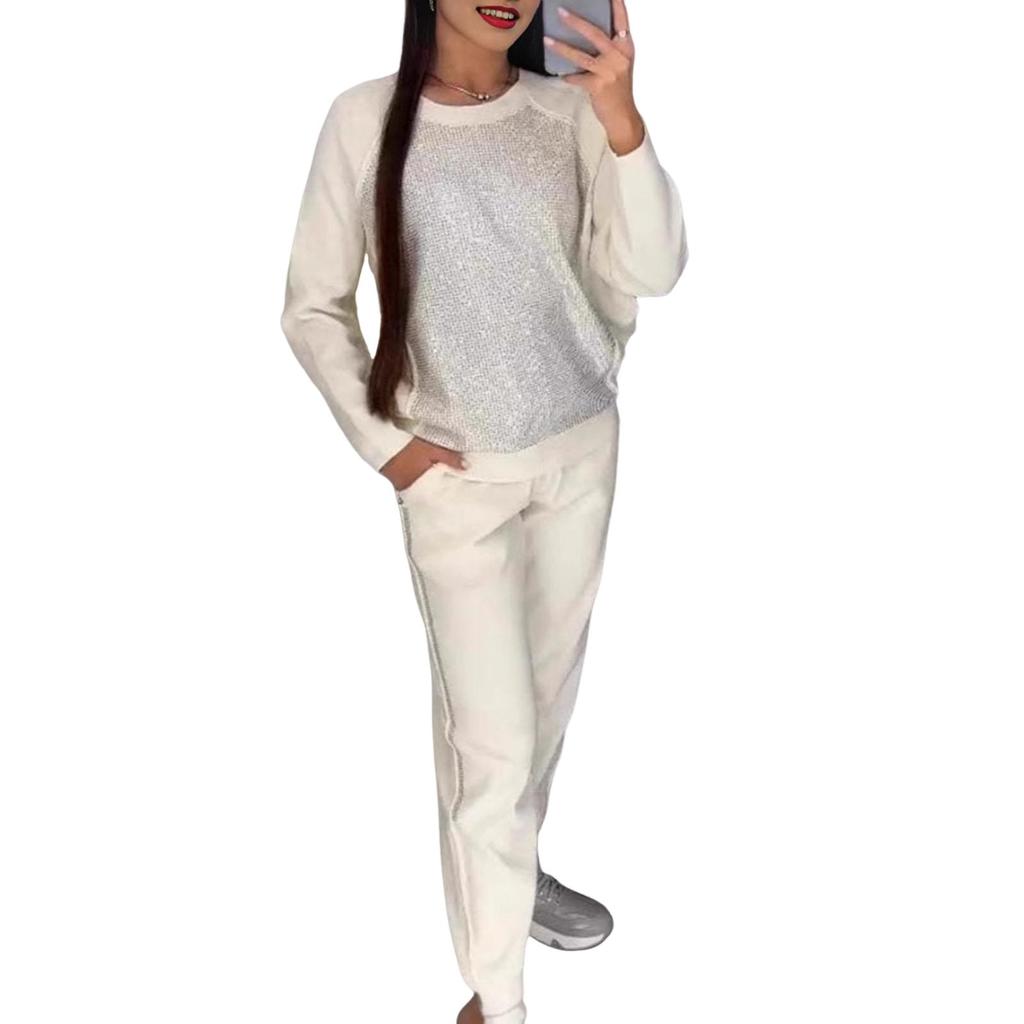 2 Teile/satz Frauen Top Hosen Anzug Strass Dekor O Hals Langen Ärmeln Patchwork Sport Sweatshirt Elastische Taille Hose Fitness Outfit Herbst frühling