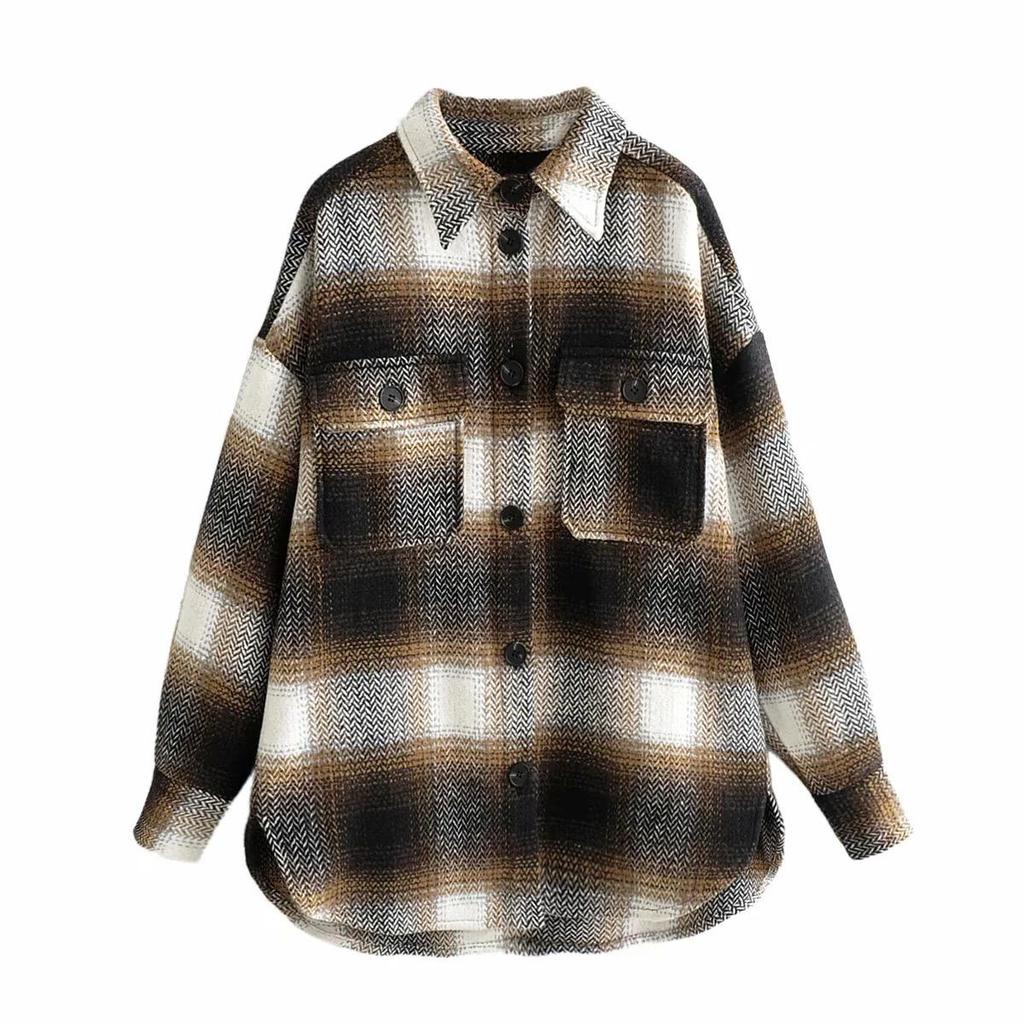 Vintage Women Long Sleeve Woolen Coats Fashion Ladies Thick Plaid Coat Female Streetwear Elegant Girls Oversize Jacket Chic