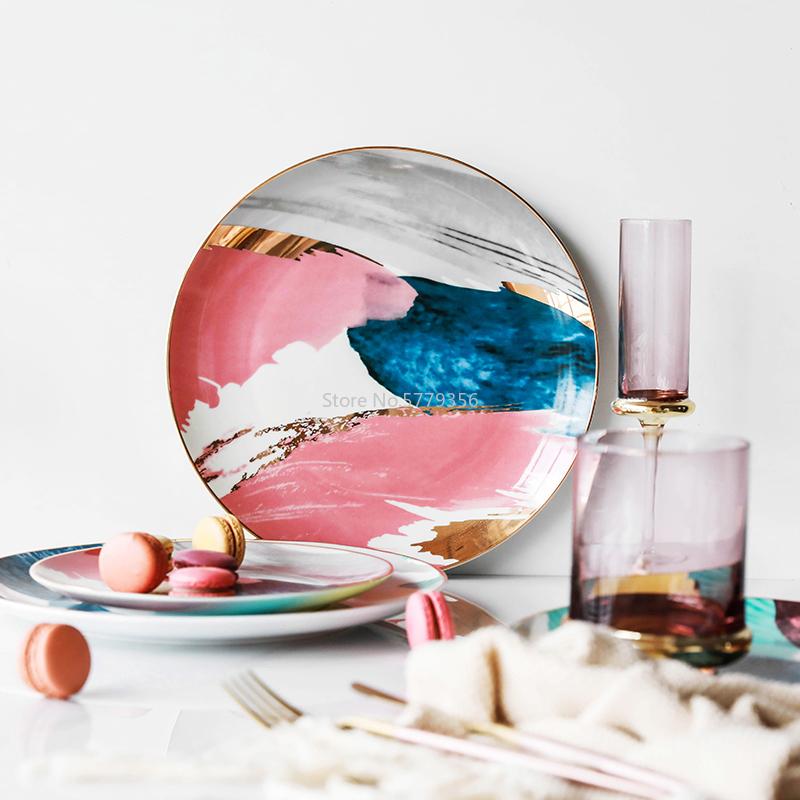 1PCS Dinnerware Painting Gold Inlay Colorful Cloud 8 /10 Inch Ceramic Plate Dinner Porcelain Cake Snack Dessert Plate