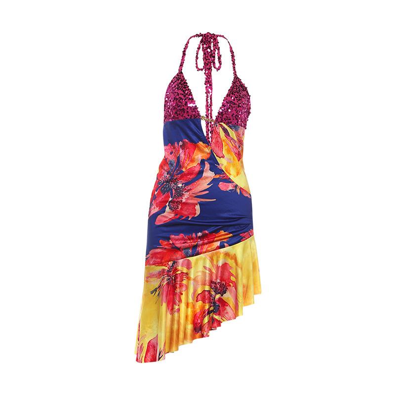 2026 European and American summer new printing fashion suspender backless niche sexy hot girl vacation dress