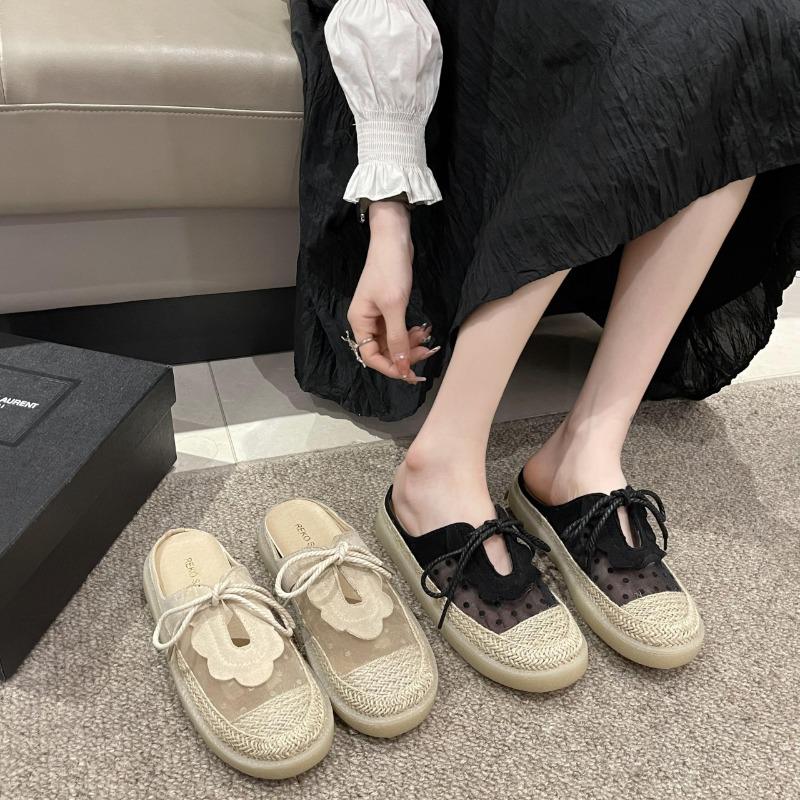 2026  Women's Summer Outdoor Sandals Flat Bottom Casual Style Woven Straw Half Slippers Fashionable Mesh Shoes