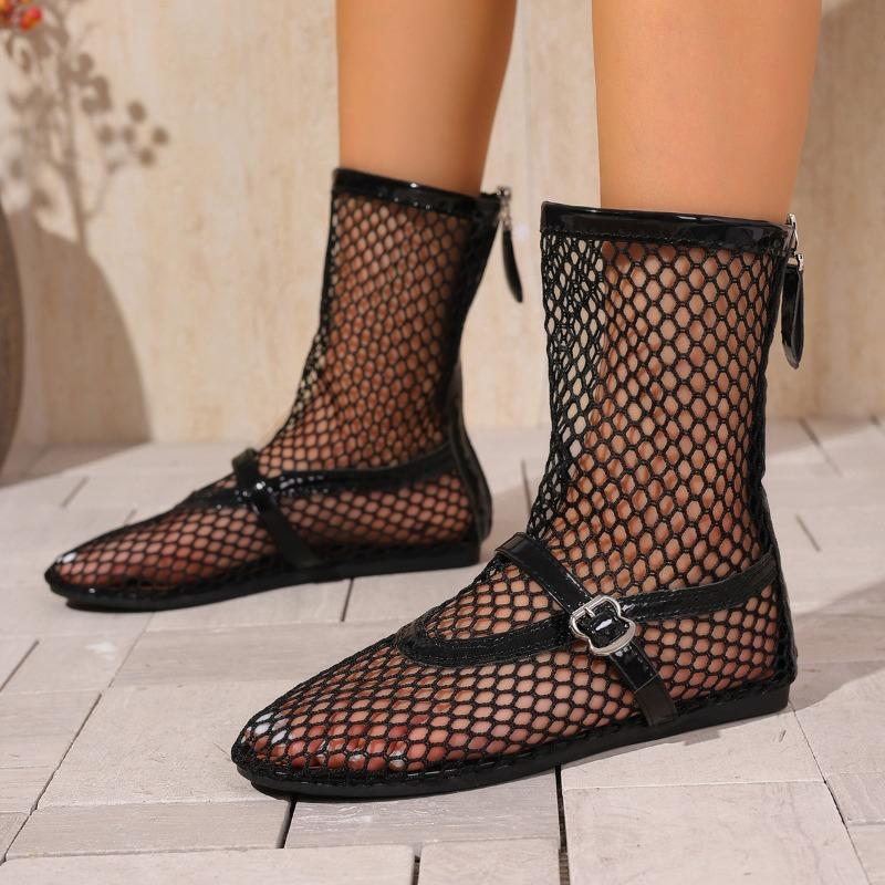 

Модные плоские охлаждающие ботинки Женские модные ботинки с круглым носком и задней молнией Сетчатые дышащие Мягкая подошва Нескользящие Короткие ботинки 42 чёрный