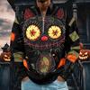 Men's Retro Corduroy Halloween Print Stand Collar Long Sleeve Casual Top with Pocket