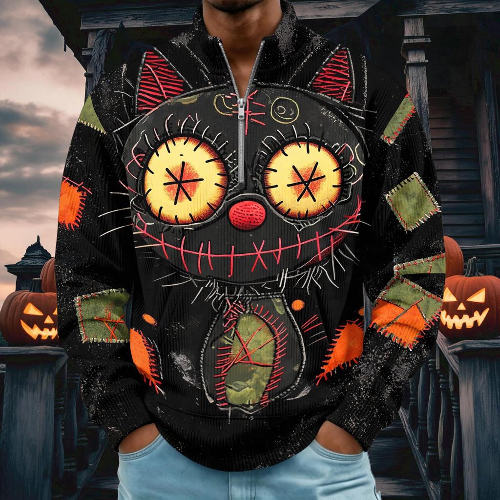 Men's Retro Corduroy Halloween Print Stand Collar Long Sleeve Casual Top with Pocket