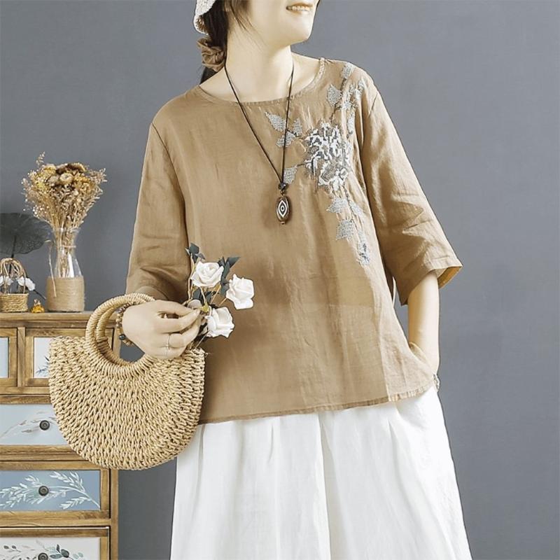 Literary Embroidery Retro Embroidery Cotton Linen Summer Short-sleeved New T-shirt Loose Round Neck Pullover Top