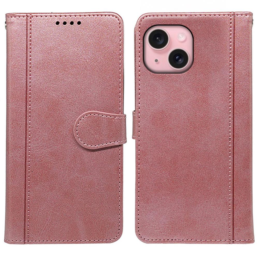 

For iPhone 14 Case Calf Texture Leather Stand Book Style Phone Cover Rose Gold