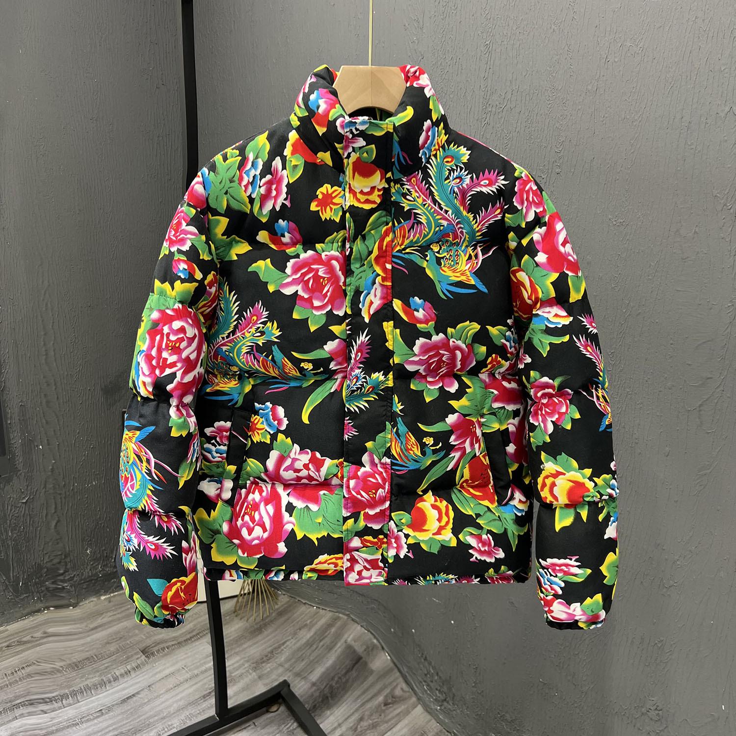 

Куртка из хлопка с цветочным принтом на северо-востоке - зимнее модное ретро-пальто унисекс 5XL чёрный