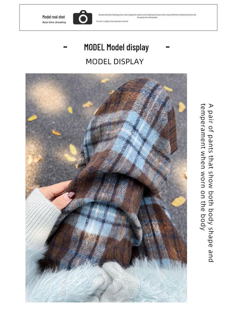 Women's Woolen Plaid Wide-Leg High Waist Pants - Plus Velvet Thick Warm Casual Sweatpants for Autumn/Winter.