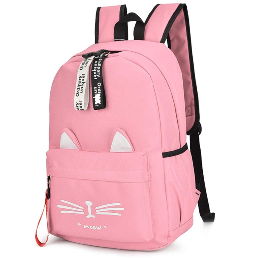 D-SACK Women's Cat Nylon Backpack, Large Capacity, Lightweight, School Bag, Pink