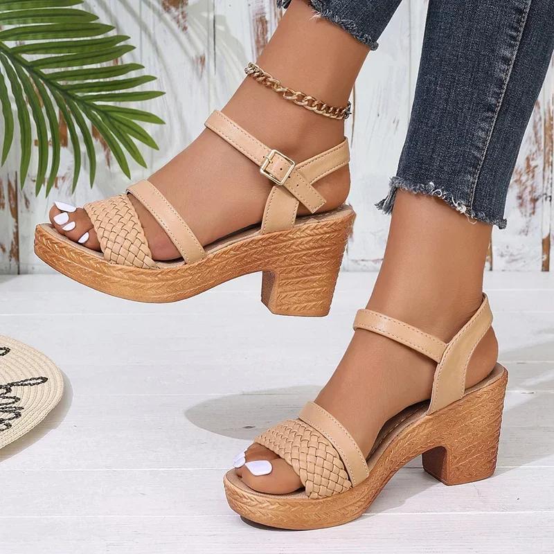 

Fashion Women s Braided Chunky Heel Sandals Summer 2025 Ankle Strap Platform Gladiator Sandals Woman Fashion Woven High Heeled Sandalias 36 верблюд
