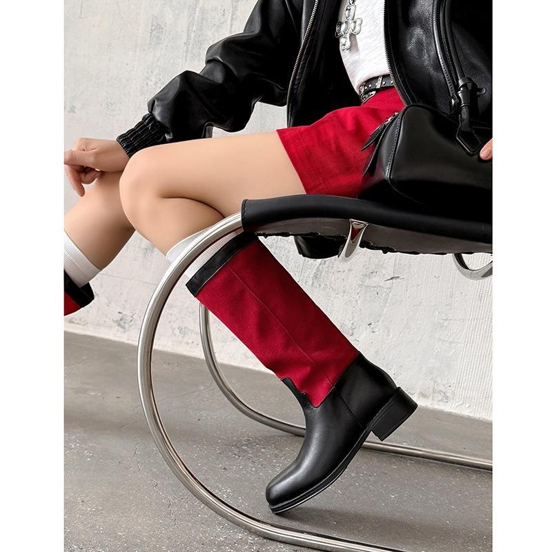 Xiaoxiangfeng Cowhide Splicing Western Cowboy Boots Pointed Head Thick Heel Medium Tube Short Boots One Pedal Knight Boots