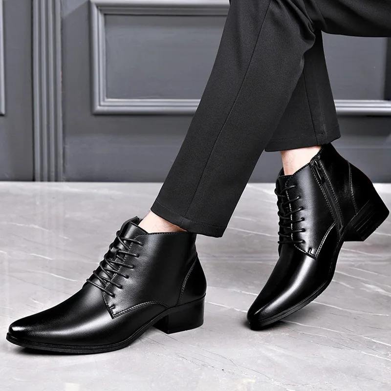 Scarpe Stivali Chelsea Formali da Ufficio Casual da Uomo Stivali in Vera Pelle Neri alla Caviglia con Lacci
