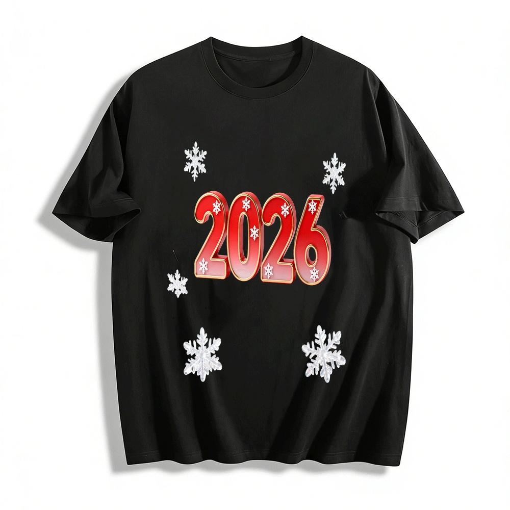 

2026 New Year Snowflake Print Red Festive Casual Crewneck Top Pure cotton T-shirt XXS